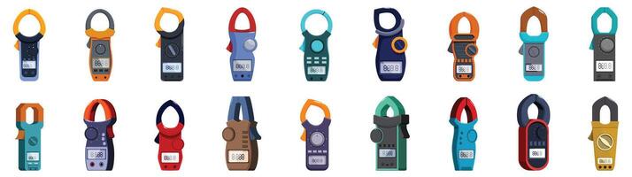 Clamp meter icons set. Collection of clamp meters showing different measurement values vector