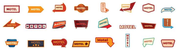 Motel signboard icons set. Set of various motel signs showing direction for travelers vector