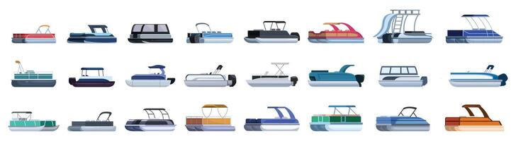 Pontoon boat icons set. Set of different pontoon boats for having rest on water surface vector