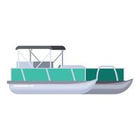 Modern double decker pontoon boat with a bimini top is floating on a lake vector