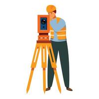 Surveyor taking measurements with theodolite on tripod vector