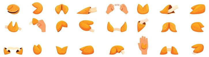 Fortune cookie icons set. Fortune cookie set with hand holding prediction paper and gesture icons set cartoon style vector
