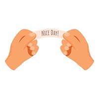 Two hands holding fortune cookie paper with nice day message vector