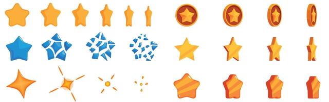 Star animation sprite icons set. Collection of colorful cartoon stars and coins rotating and breaking for game design vector