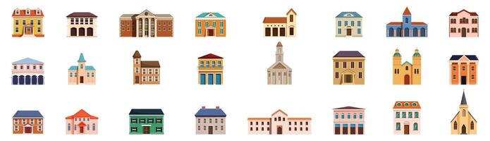 Colonial style building icons set. Set of colorful isolated city buildings representing different architectural styles and periods vector