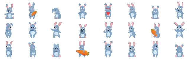 Rabbit character emotions icons set. Set of cute cartoon grey bunny rabbits with different emotions and poses holding carrots vector