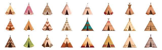 Teepee tent icons set. Set of different native american teepees with ethnic ornament having traditional shape for living outside vector