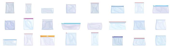 Zip bag icons set. Set of realistic transparent plastic zippered bags showing different sizes and shapes vector