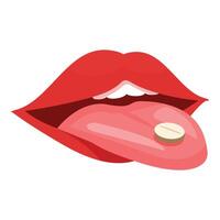 Woman putting pill on tongue with open mouth vector