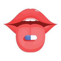 Woman putting pill on tongue with open mouth showing teeth vector