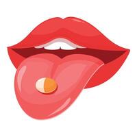 Open mouth with tongue sticking out holding pill with teeth vector