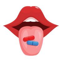 Open mouth showing tongue with red and blue pills vector