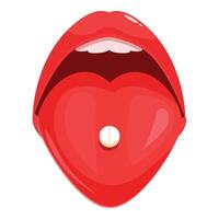 Open mouth holding a pill on tongue shaped like a heart vector