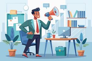 A young professional in a green jacket using a megaphone to communicate in a modern office with plants and a computer vector