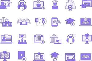 Colored Online Education Icon Set. Icons Online School, Mentor, Learning Platform, Student, Audio Course, Tuition Fees, E-Book, Reward, E-Learning, Online Test, and More vector