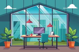 Modern office workspace with large windows showcasing cityscape and greenery during daytime vector