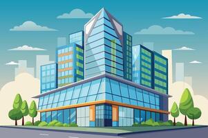 Modern commercial building with green elements and blue glass facade on a sunny day in an urban setting with future skyline backdrop vector