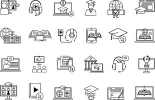 Online Education Icon Set. Icons Online School, Mentor, Learning Platform, Student, Audio Course, Tuition Fees, E-Book, Reward, E-Learning, Online Test, and More vector