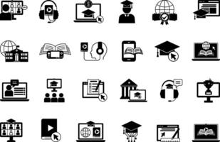 Black Online Education Icon Set. Icons Online School, Mentor, Learning Platform, Student, Audio Course, Tuition Fees, E-Book, Reward, E-Learning, Online Test, and More vector