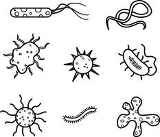 Set of Bacteria and Microbes for Coloring. Illustration of Viruses Causing Various Diseases. Medicine concept vector