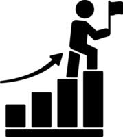 Black Icon of Success. Illustration of a Man with a Flag Walking Up a Diagram. Successful Business Development Concept vector