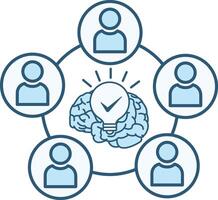 Colored Brainstorming Icon. Discussion of New Creative Projects. Illustration of People, Brain, and Glowing Light Bulb. Business and Teamwork Concept vector