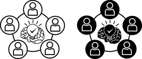 Brainstorming icons. Discussion of New Creative Projects. Illustration of People, Brain, and Glowing Light Bulb. Business and Teamwork Concept vector