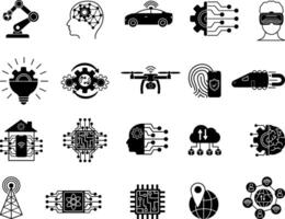 Black Technology Icons. Icons of Geolocation, Virtual Reality, Blockchain, Internet of Things, Robotics, Autonomous Car, Artificial Intelligence and Others vector