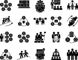 Black Teamwork Icons. Icons Collaboration, Webinar, Colleague, Team, Teamwork, Presentation, Meeting, Leadership, Brainstorming, and Other vector