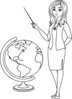 Teacher with Pointer and Globe for Coloring Page. Geography or Science lesson. Cartoon Character. Teacher's Day vector