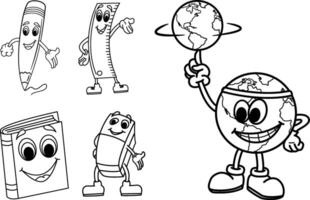 Set of School Cartoon Characters for Coloring. Illustration of Globe, Pencil, Ruler, Book, and Eraser vector