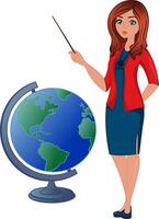 Teacher with Pointer and Globe. Geography or Science lesson. Cartoon Character. Teacher's Day vector