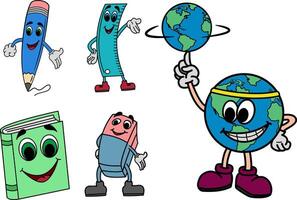 Set of School Cartoon Characters. Illustration of Globe, Pencil, Ruler, Book, and Eraser vector