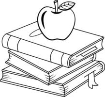 Apple and Books for Coloring Page. Science and education. Illustration of Red Apple Lying on School Books vector