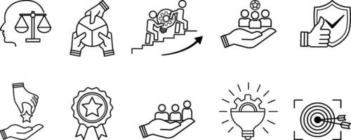 Set of Core Values Icons. Icons Commitment, Innovation, Customers, Teamwork, Honesty, Goals, Responsibility, Reliability, Quality, and Inclusion vector