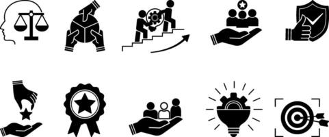 Black Set of Core Values Icons. Icons Commitment, Innovation, Customers, Teamwork, Honesty, Goals, Responsibility, Reliability, Quality, and Inclusion vector