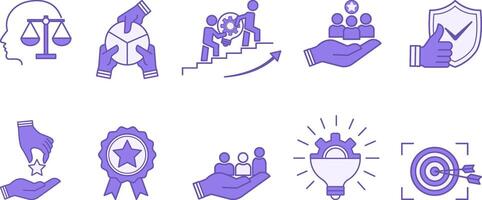Colored Set of Core Icons. Icons Commitment, Innovation, Customers, Teamwork, Honesty, Goals, Responsibility, Reliability, Quality, and Inclusion vector