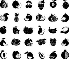 Black Fruit Icon Set. Icons of Apple, Pear, Kiwi, Watermelon, Orange, Peach, Apricot, Passion Fruit, Pineapple, Fig, Strawberry, Pomelo, Banana, Raspberry, Mango and More vector