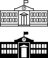 School icons. Black and White Icons of School Building with Clock and Flag. Education and Architecture Concept vector