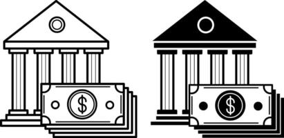Bank Building Icons. Black and White Icons of Bank Building and Stacks of Money. Internet banking, Finance, Banking Operations, Banking Services. Business and Architecture Concept vector