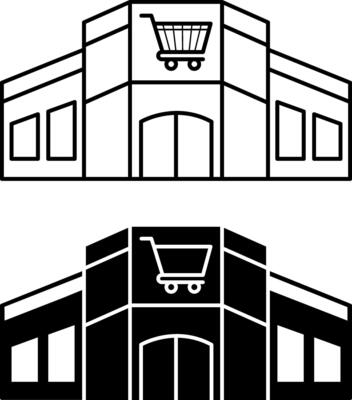 Shopping Mall icons. Black and White Icons of Modern Shopping Center Building. Supermarket, Shop. Shopping and Architecture Concept