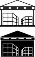Warehouse icons. Black and White Icons of Warehouse Building with Product. Safe Storage and Movement of Cargo. Architecture Concept vector