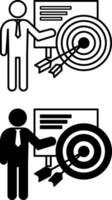 Icons Objectives. Black and White Icons. Manager Explaining the Main Goals of the Campaign. Business and Management Concept vector