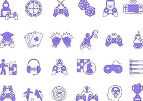 Colored Set of Games Icons. Icons of Arcade Game, Mobile Game, Card Game, Dice, Fighting, Casino, Chess, Console, Headphones, Ball Game, Game Over, and Others vector