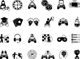 Black Game Icons Set. Icons of Arcade Game, Mobile Game, Card Game, Dice, Fighting, Casino, Chess, Console, Headphones, Ball Game, Game Over, and Others vector