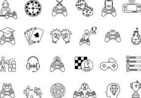 Games Icons Set. Icons of Arcade Game, Mobile Game, Card Game, Dice, Fighting, Casino, Chess, Console, Headphones, Ball Game, Game Over, and Others vector