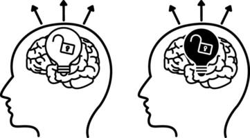 Open mindedness icons. Black and White Icon of Man with Open Lock. Objectivity of Judgment, Openness, Fairness. Positive Thinking Concept vector