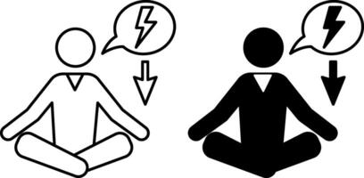 Reduce Stress Icons. Black and White Icons of Meditating Man and Down Arrow. Learn to Relax. Calm down. Avoid Stressful Situations. Mental Health. Positive Thinking Concept vector