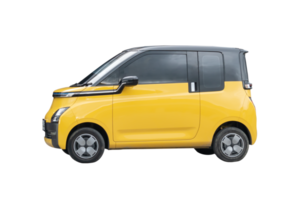 Side view of mini or small yellow electric car isolated with clipping path in file format png