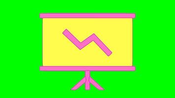 green screen animation icon, presentation stand, with descending chart. cartoon, flat color pink video